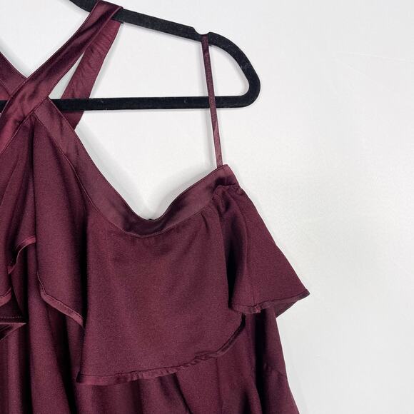 New LOFT M Burgundy Red Ruffle Off The Shoulder Halter Blouse Top Bell Sleeve - Picture 3 of 13